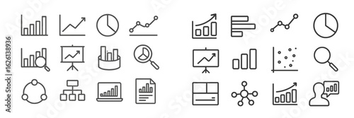 Variety of business and data analysis icons displayed in a simple monochrome style