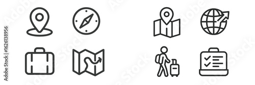 Travel planning tools with icons for navigation, maps, luggage, and itineraries during a journey