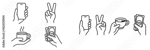 Creative hand gestures representing communication, finance, and leisure activities in a minimalist style layout