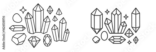Artistic arrangement of various crystals and gemstones on a plain background showcasing their unique shapes and sizes