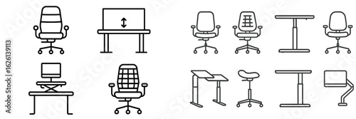 Variety of office chairs and desks showcasing ergonomic designs for modern workplaces