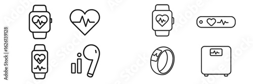 Various wearable health monitoring devices with fitness and wellness tracking features displayed in clean outline design