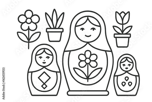 Colorful nesting dolls with floral decorations and potted plants displayed in a cheerful setting
