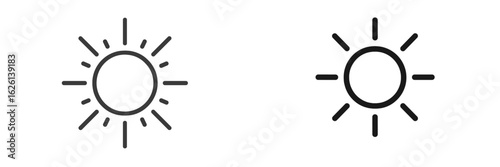 Icons of sun designs in black and white showcasing different styles and configurations for various uses