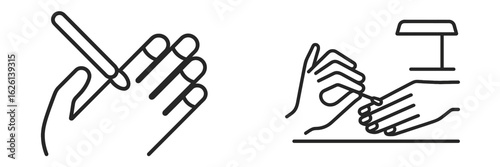 Manicure process with hands and tools displayed in a simple line art style