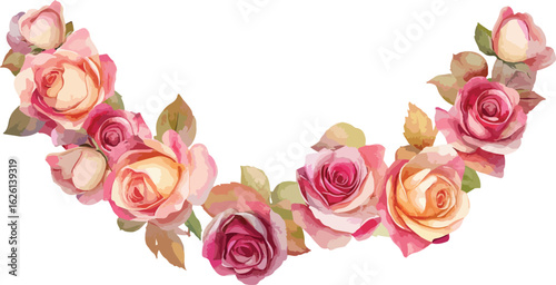 Delicate watercolor floral garland of blooming roses in soft pastel pink and peach hues