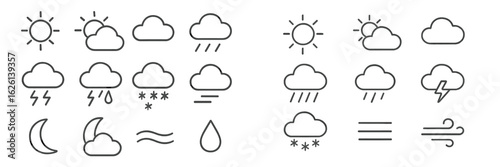 Various weather symbols depicting sunshine, rain, snow, and thunderstorms in a clear and simple design format