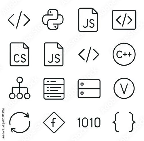 Coding linear icon set. containing html, python, javascript, c++, data flow, database and more.