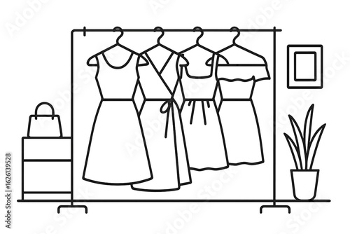Four elegant dresses hanging on a clothing rack with accessories in a bright, modern boutique setting
