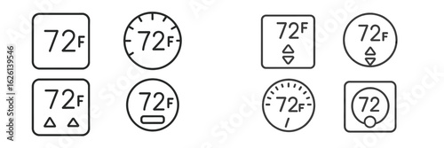 Various representations of temperature display at 72 degrees Fahrenheit in multiple styles and designs