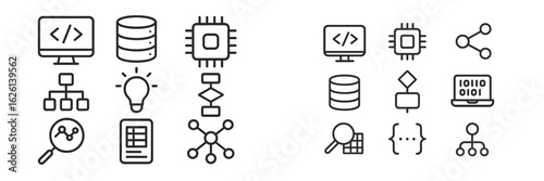 Icons representing technology concepts including coding, data management, and networking in a minimalist style for educational use