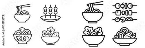 Different types of noodles and dishes presented in a minimalistic style in a modern culinary design