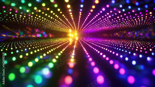 Vibrant display of multicolored lights forming tunnel like pattern, creating mesmerizing and futuristic visual effect with radiant hues and glowing intensity