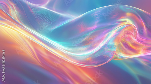 Vibrant and mesmerizing abstract composition featuring flowing waves of iridescent light in pastel hues of pink, blue, and yellow, evoking sense of energy and fluidity
