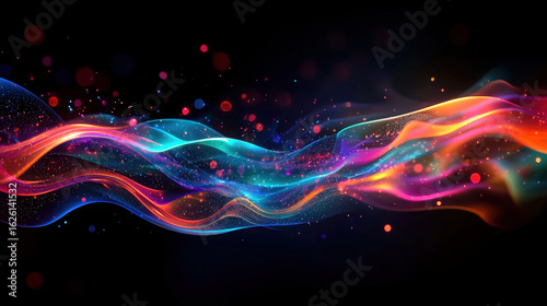 Vibrant, colorful wave of light and particles flows dynamically across dark background, creating mesmerizing holographic and iridescent dreamscape with glowing energy