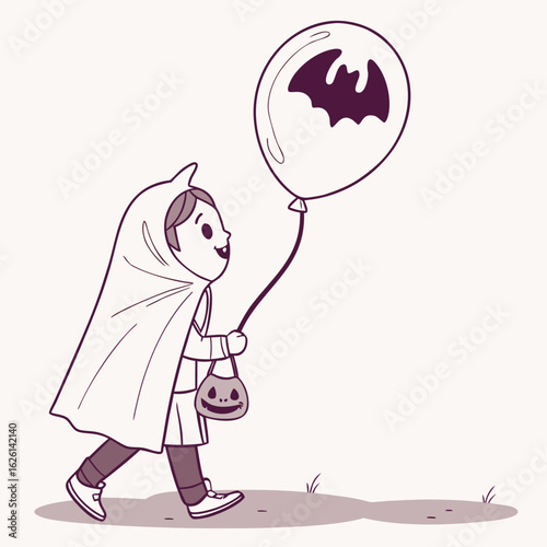 Illustration of a child in a hooded cloak walking with a bat shaped balloon under a crescent moon and stars