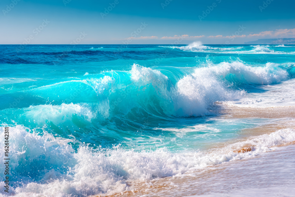 Fototapeta premium Vibrant ocean waves crashing onto sandy shore under clear blue sky