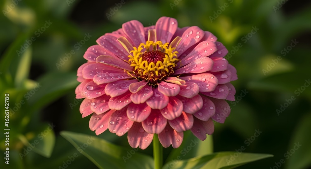 Obraz premium A beautiful pink zinnia flower in full bloom, with delicate morning dew drops on its petals, set against a soft green garden background.