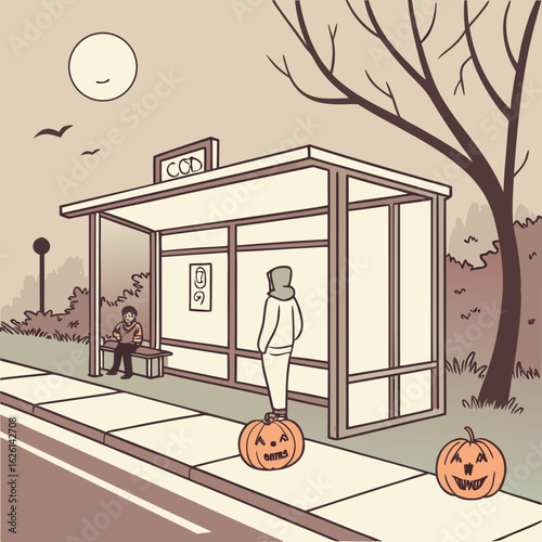 A spooky bus stop scene featuring pumpkins, bare trees, and a minimalist color palette in a cartoon style