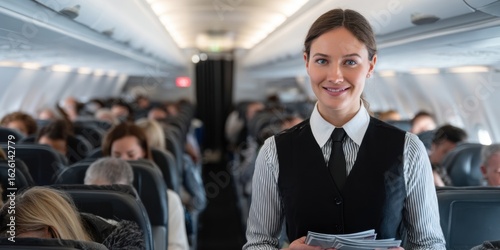 A smiling flight attendant serves passengers on a commercial airplane, showcasing friendly customer service in the aviation industry.