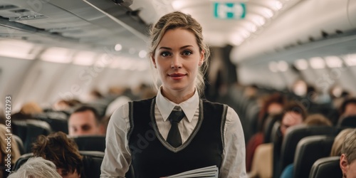 A professional flight attendant navigates the cabin of an airplane, providing excellent service to passengers in a packed aircraft.