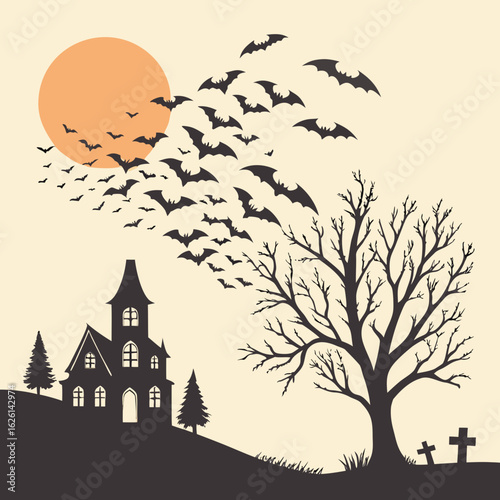 Silhouette of haunted house with bats flying in front of a full moon and a bare tree on halloween night
