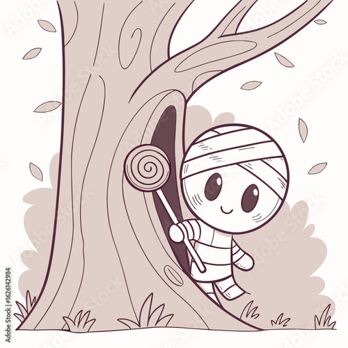 Cute cartoon mummy holding a lollipop peeking out from behind a tree with leaves falling around it