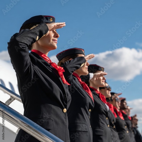 A group of airline crew members in uniform standing in formation, saluting against a clear blue sky. Ideal for aviation, travel, and hospitality themes.