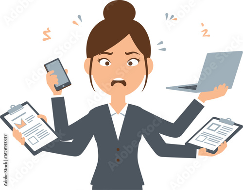 Cartoon woman overwhelmed with tasks, holding laptop, phone, and clipboards, showing stress and multitasking.