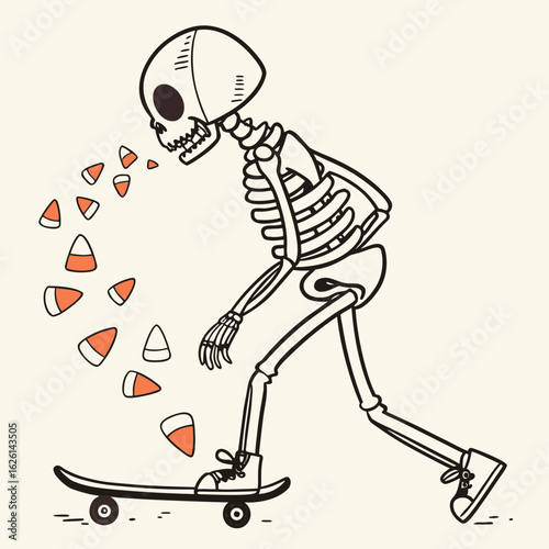 A skeleton skateboarding while candy corn flies out of its mouth in a playful halloween illustration