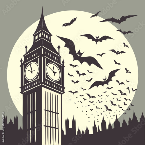 Big ben tower with bats flying around it and the moon in the background in a spooky halloween night