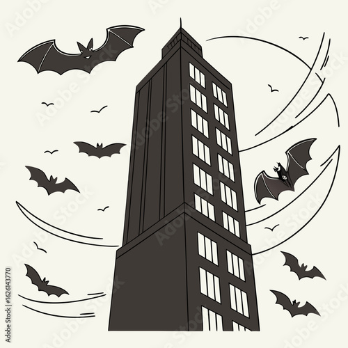 A monochrome illustration of a tall building with bats flying around it against a full moon backdrop