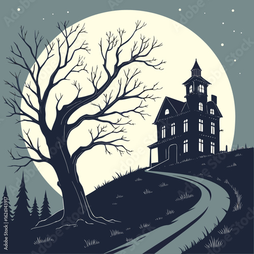 Silhouette of a spooky castle and graveyard with a bare tree and bats under a full moon in the night