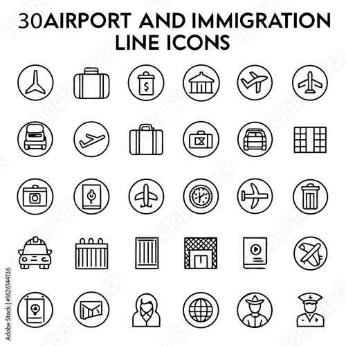 Airport and Immigration Icons: A comprehensive collection of minimalistic line icons representing various aspects of airport operations and immigration procedures, perfect for visual communication.