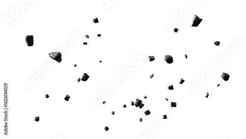 Dark rocks flying in the air, isolated on transparent background, perfect for photo editing and visual effects