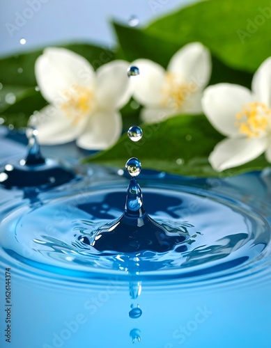 Water droplets falling onto calm blue water, creating concentric ripples, with white jasmine flowers and green leaves in the background