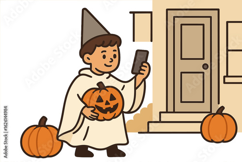 A youngster dressed in a Halloween outfit stands in front of a residence at nighttime, clutching a cell phone and a pumpkin-shaped container