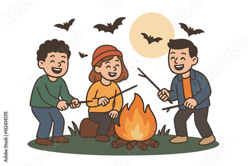 A halloween night scene outdoors with children in costumes gathered around a campfire under a full moon with bats
