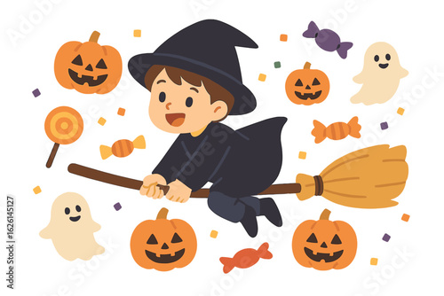 A cheerful witch child on a broomstick flies past pumpkins and a friendly ghost, scattering candies, becomes A cheerful young witch on a broomstick soars by pumpkins and a friendly ghost, scattering