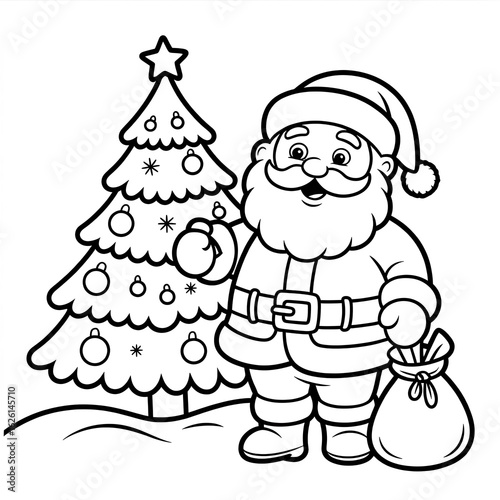 A Cheerful Santa Claus Beside a Christmas Tree with Ornaments Ready to Deliver Holiday Joy to Everyone Around the World
