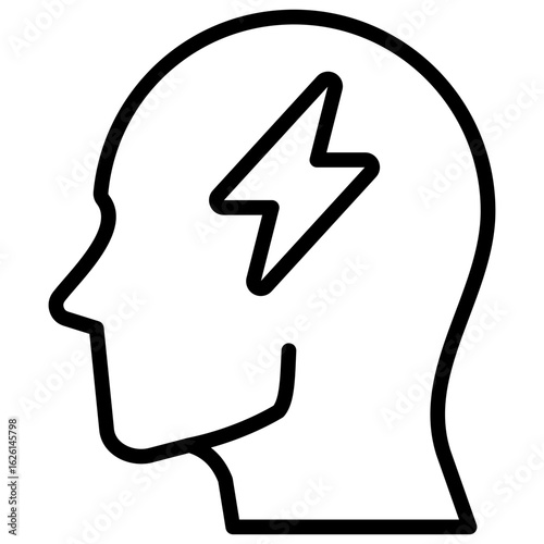 Mental Energy Outline Icon Vector Design - Human head with lightning symbol inside, indicating energy, focus, mental power, or creativity