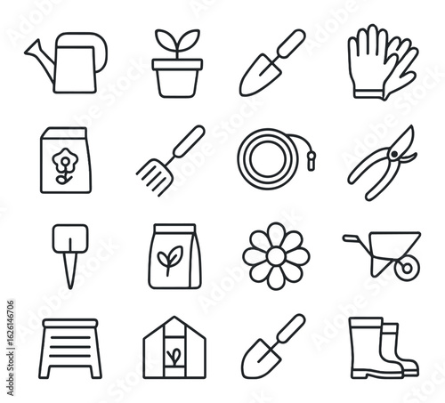 Gardening linear icon set. containing watering can, plant pot, trowel, gloves, seeds, hose, shears, fork, flower, wheelbarrow, greenhouse, boots.