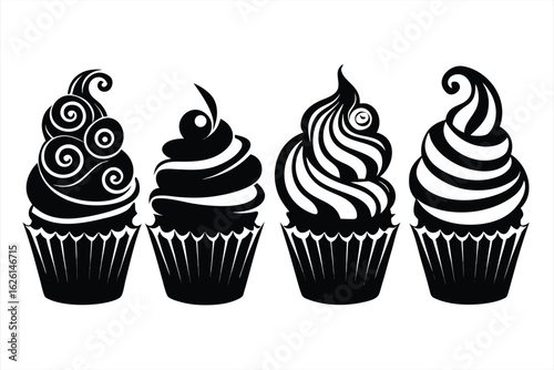 Collection of black and white silhouette illustrations of decorative cupcakes with swirled frosting, isolated on a white background, ideal for baking or confectionery themes