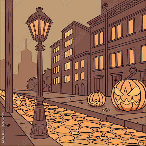 Halloween night scene with pumpkins on a cobblestone street in front of storefronts and pedestrians