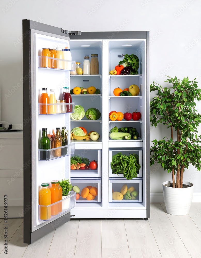 Well-stocked refrigerator in a modern kitchen Well-stocked refrigerator in a modern kitchen