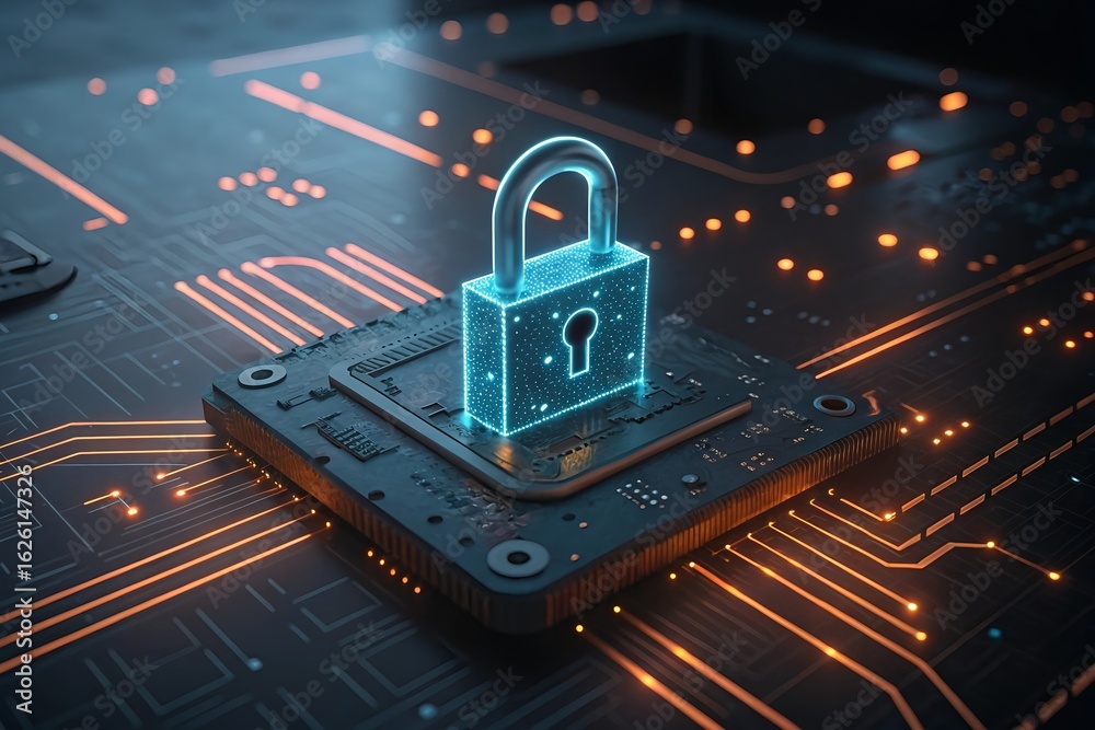 Fototapeta premium Cyber Lock on Microchip – High-Tech Illustration of Data Security