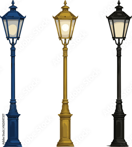 Vintage street lamps illustration, classic lanterns design, old fashioned lamp posts, decorative outdoor lighting, iron cast lamps, retro urban lighting, night light vector, cad drawing flat 
