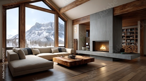 Cozy mountain chalet living room with fireplace and panoramic window
