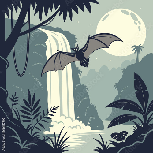 A whimsical scene of a bat flying over a waterfall in a jungle under the moonlight with lush vegetation