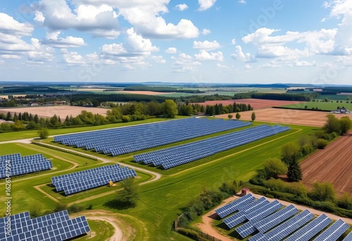 Aerial view of Willmersdorf, Brandenburg solar farm, photovoltaic panels in scenic landscape,  birds-eye view,  electricity